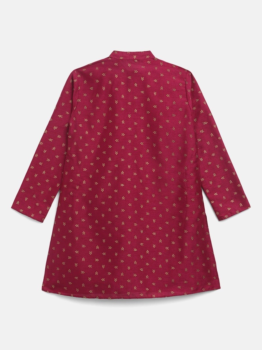 Ahalyaa Boys Wine Poly Silk Gold Printed Kids Kurta Churidar Set
