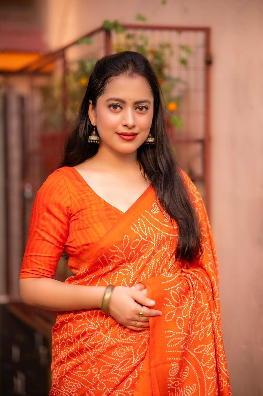 Orange Silk Blend Ajrak Saree with Unstitched Blouse - Hiral Fashion