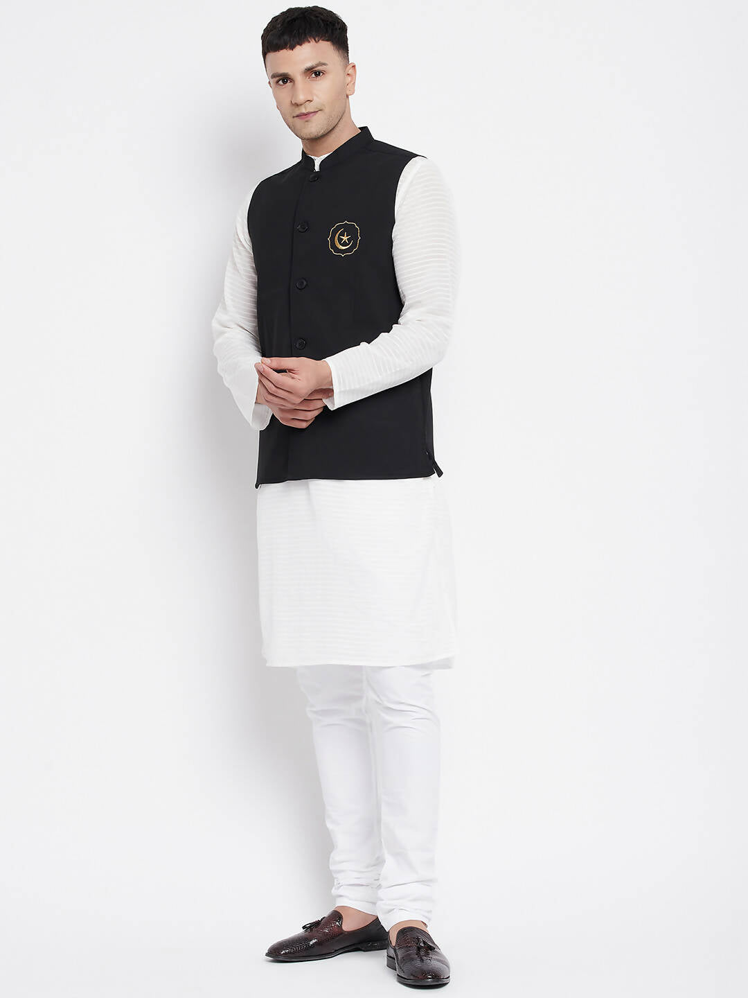 Even Apparels Black Pure Cotton White Kurta Sets With Eid Insignia Jackets PW668-CHA