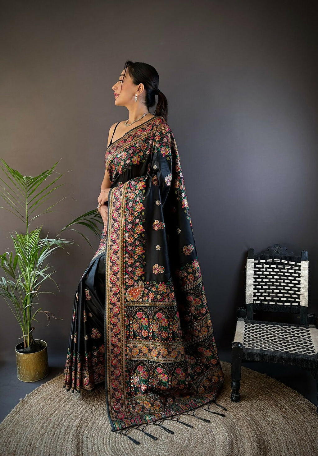 Joban Fashion Black Meena Weaves Pashmina Sarees