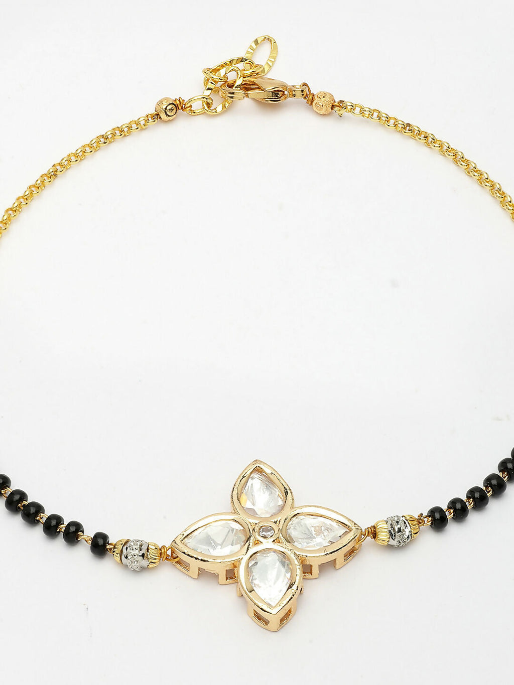 NVR Women Gold-Polished & Black Brass Stone-Studded Hand Mangalsutra Link Bracelet