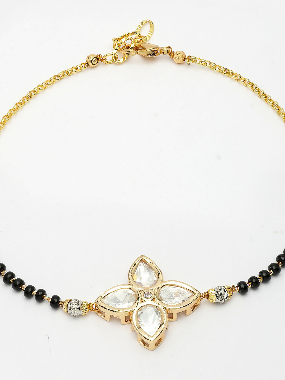 NVR Women Gold-Polished & Black Brass Stone-Studded Hand Mangalsutra Link Bracelet