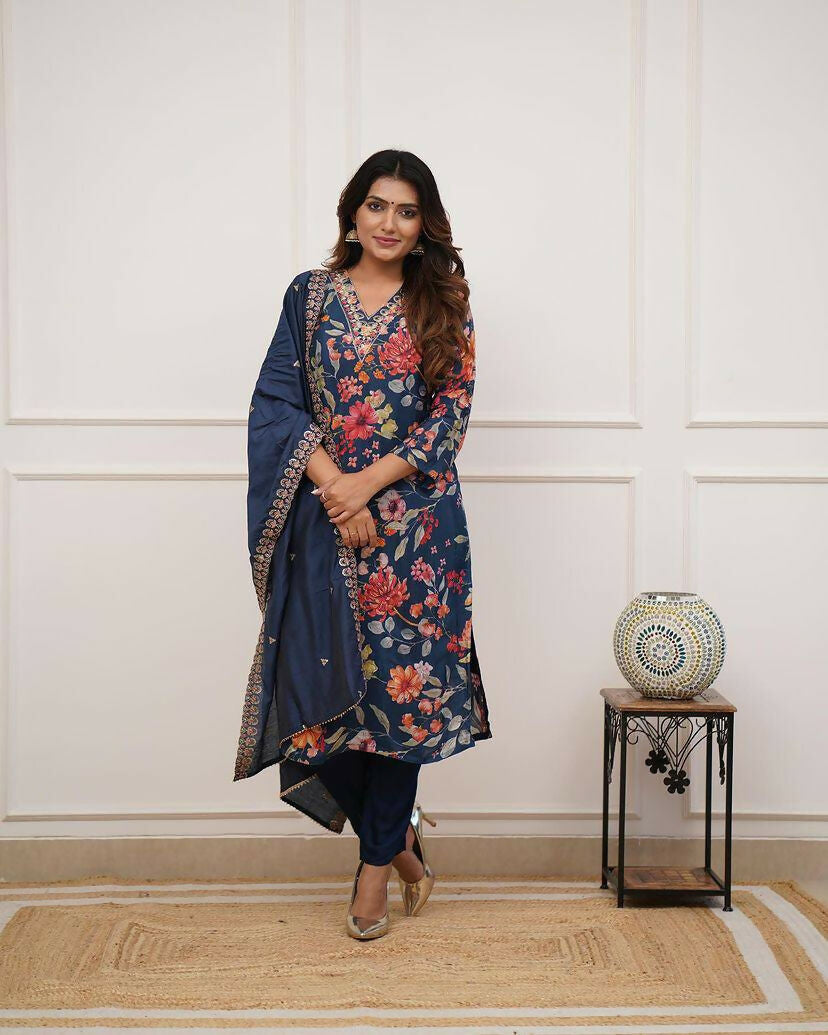 The52 Blue Women's Gorgeous Printed Pure Russian Silk Fabric Straight Kurta Pant with Dupatta Set