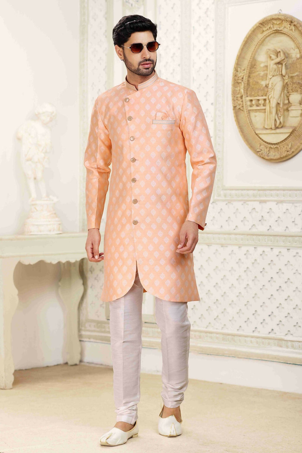 Raivat Ethnic Banarasi Jacquard Embroidery Semi Indo Western Sherwani In Peach Colour
