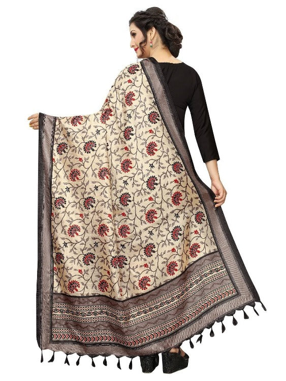 Vamika Flower Printed Black Khadi Bhagalpuri Dupatta