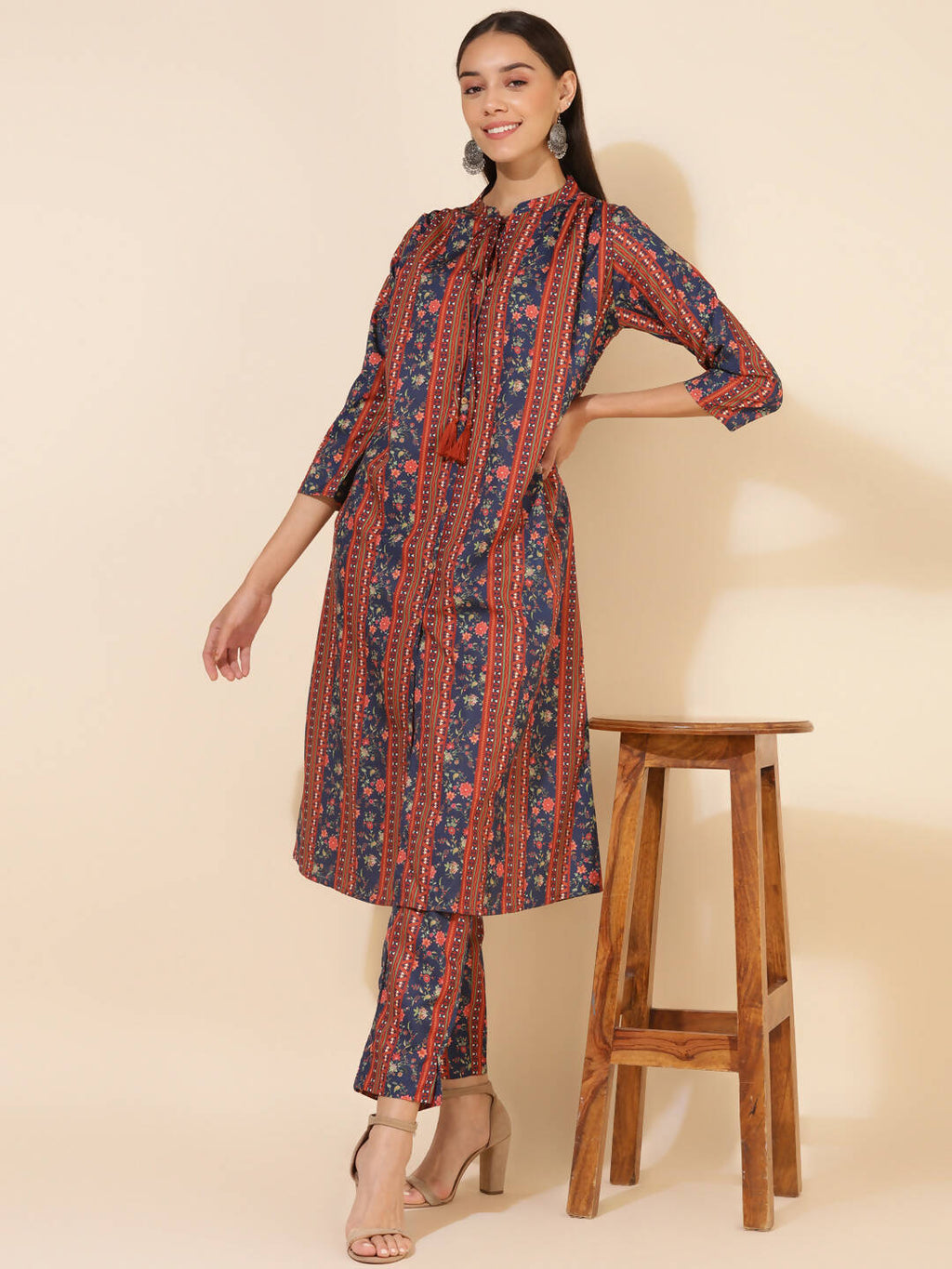 Janasya Women's Blue Crepe Digital Floral Printed Festive A-line Co-ords