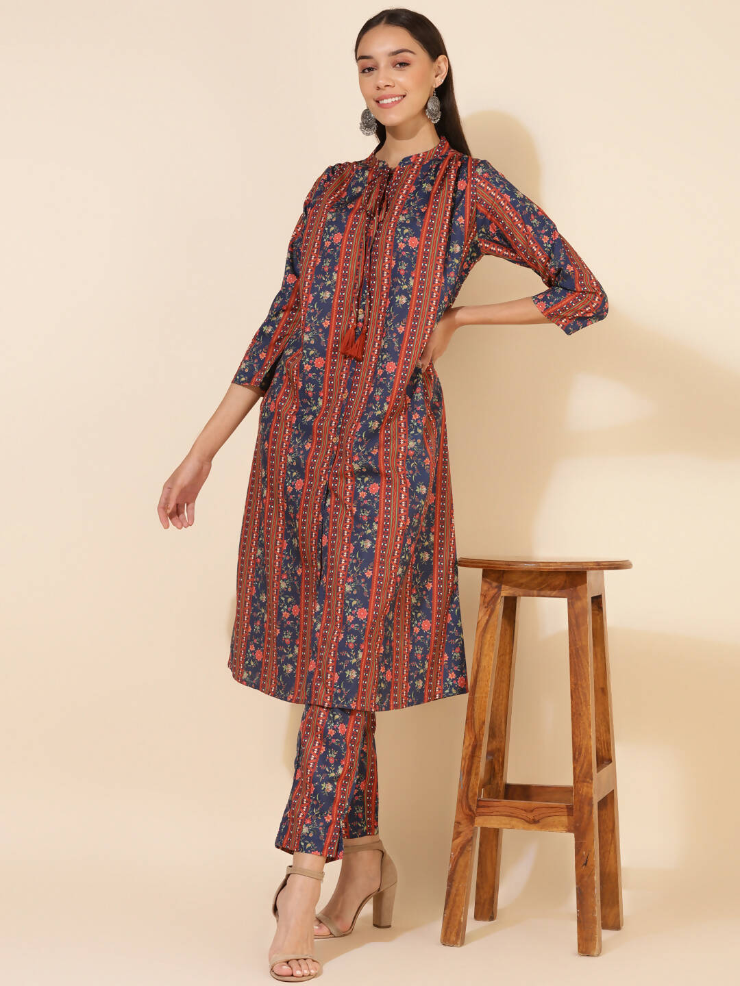 Janasya Women's Blue Crepe Digital Floral Printed Festive A-line Co-ords