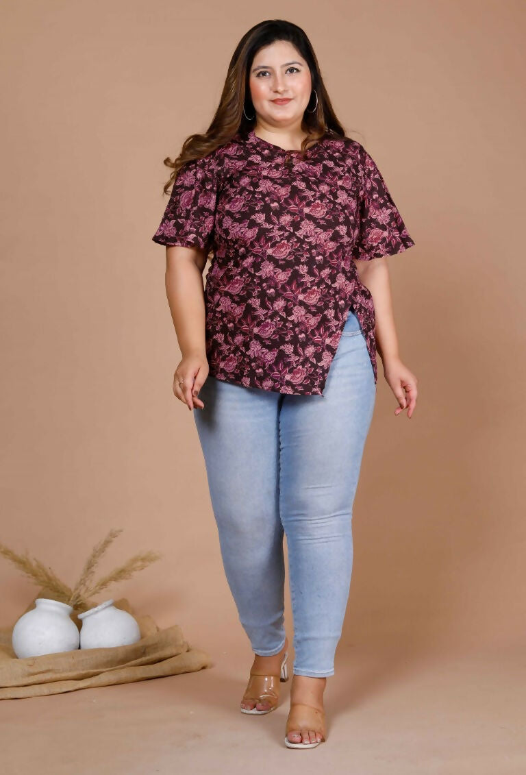 Miravan Women's Plus Size Cotton Floral Print Straight Kurti