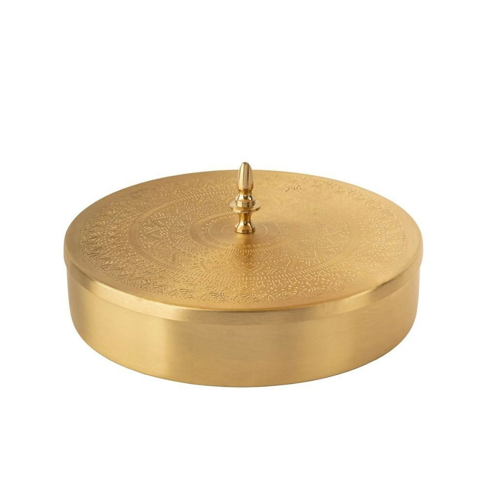 Akshata 06 Hand Etched Brass Spice Box Set for Kitchen with Spoon (7 Containers)