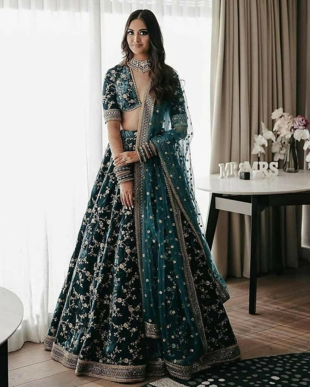 Jyoti Fashion Bottle Green Cording & Sequence Embroidery Velvet Lehenga Choli with Dupatta