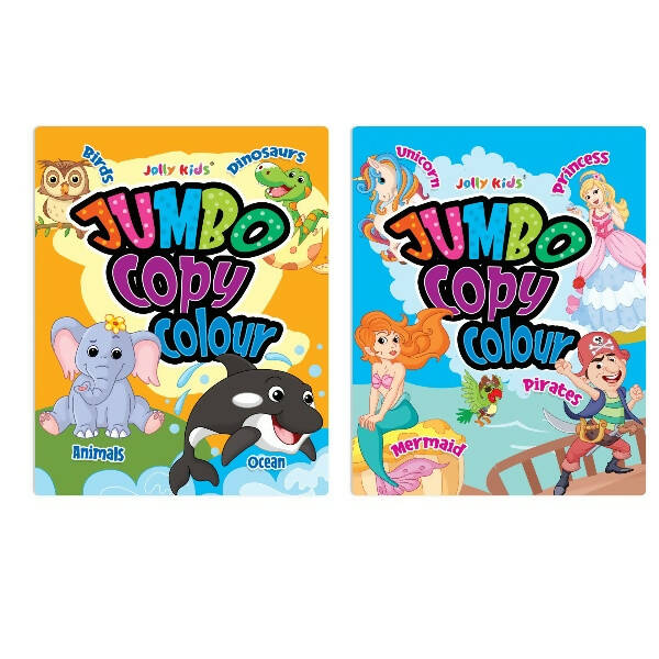 Jolly Kids Jumbo Copy Colour Books Set of 2| Colour Themes Birds, Dinosaurs, Animals, Ocean, Unicorns, Princess, Pirates, Mermaid| Ages 3-10 Years