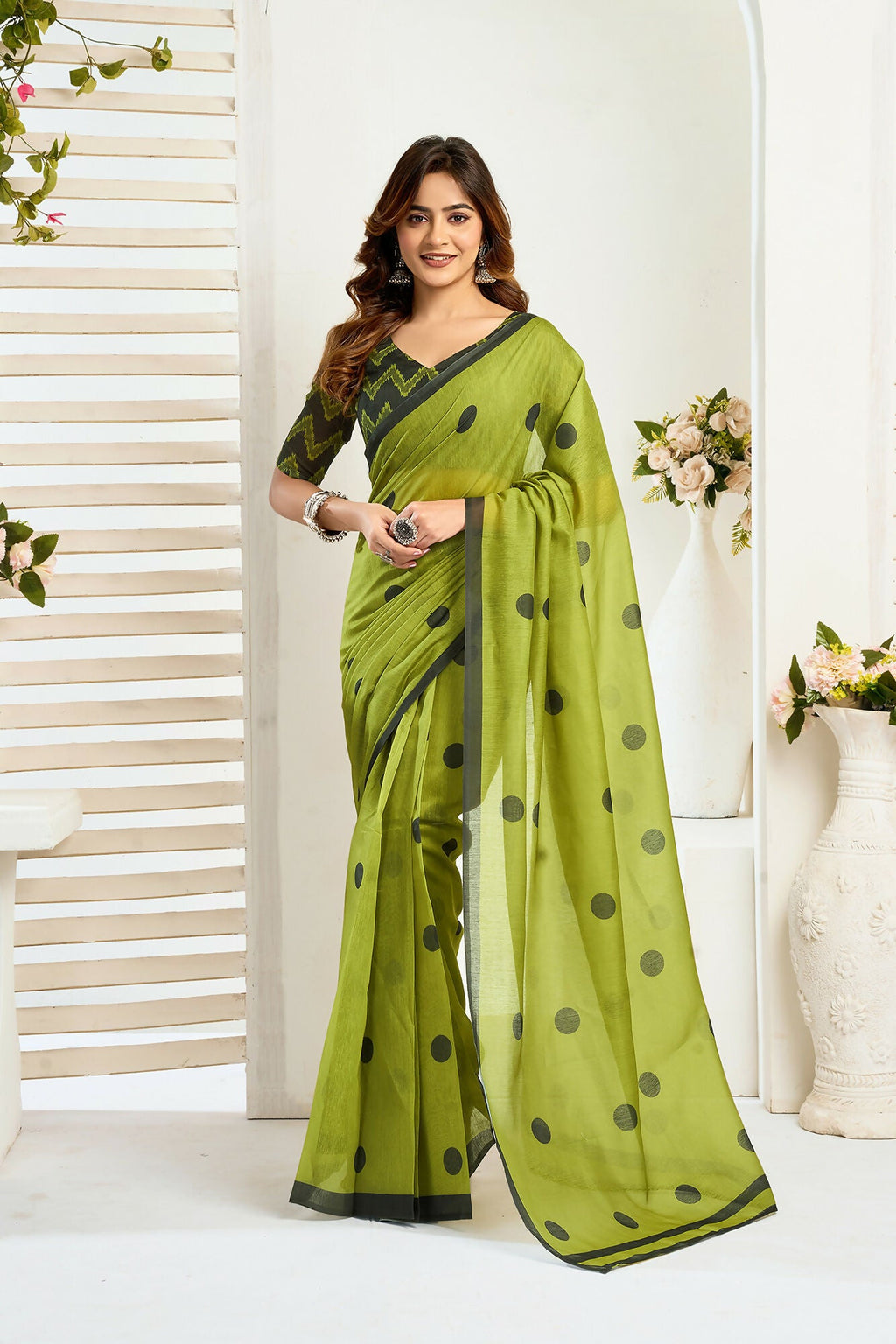Vastranavya Olive Digital Printed Linen Ready To Wear Designer Saree with Unstitched Blouse
