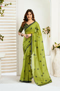 Vastranavya Olive Digital Printed Linen Ready To Wear Designer Saree with Unstitched Blouse