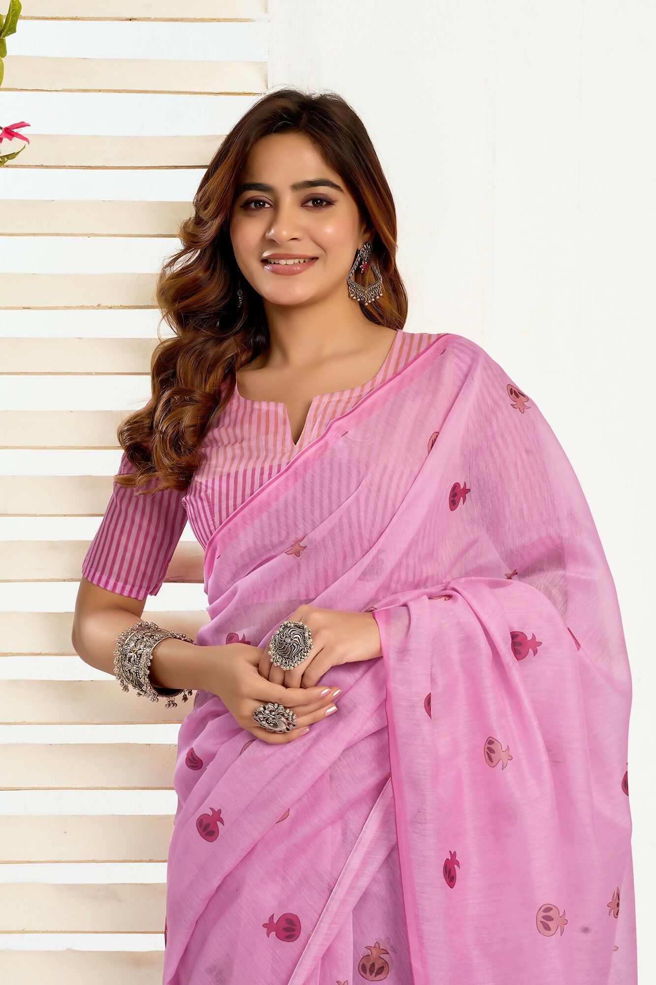 Vastranavya Baby Pink Digital Printed Linen Ready To Wear Designer Saree with Unstitched Blouse