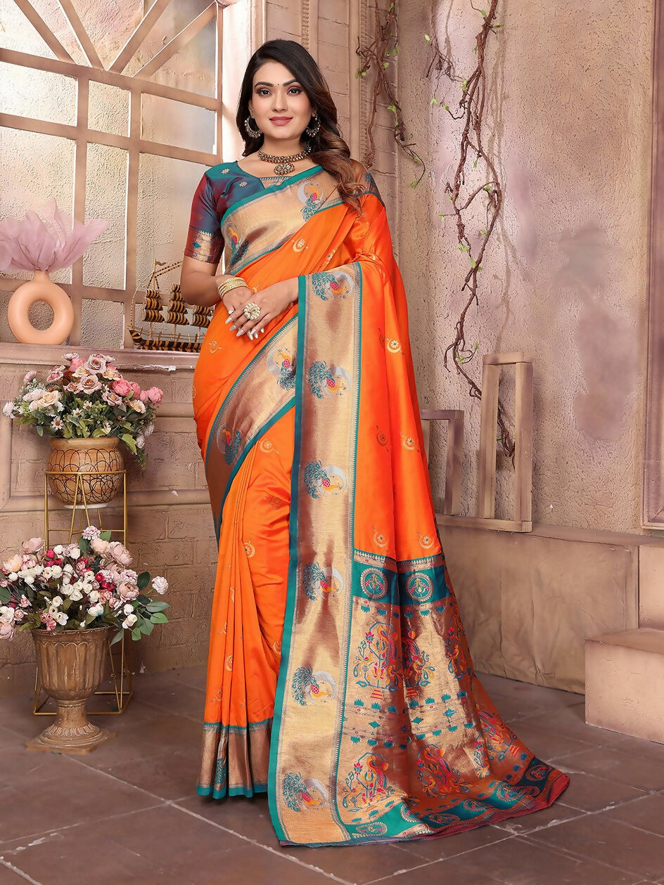 Joban Fashion Paithani Orange Woven Soft Silk Saree