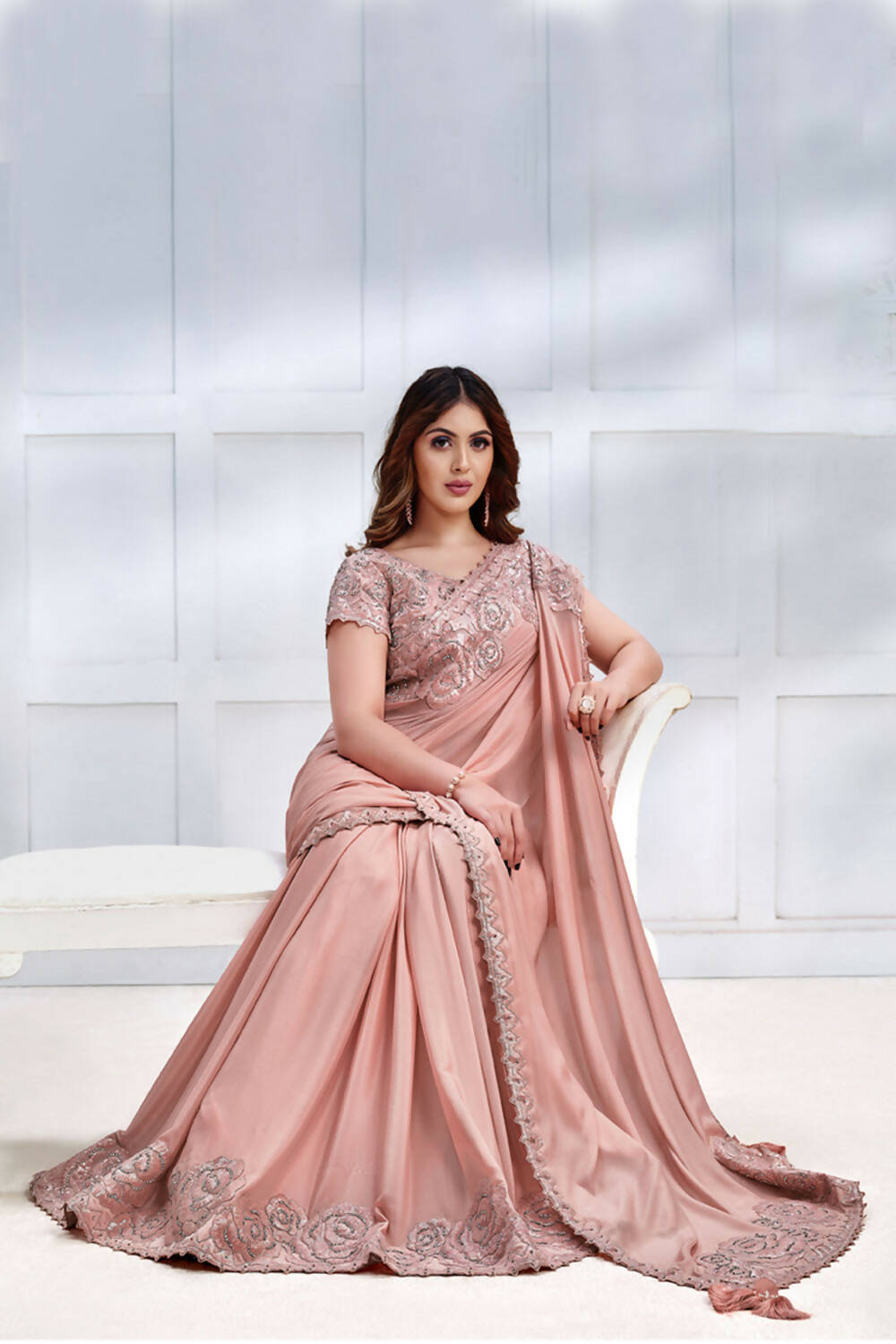 Peach Pure Crepe Georgette Cord & Sequence Embroidered with Stone work Saree - Mohmanthan Majestica
