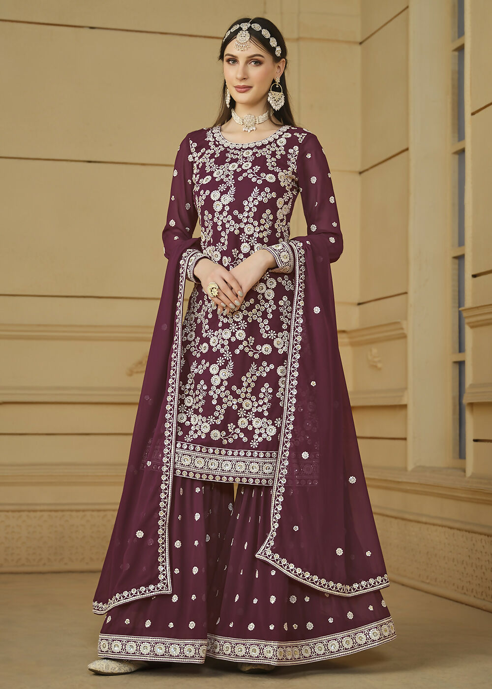 Burgundy Wine Embroidered Georgette Gharara Style Suit - Emponline