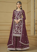 Burgundy Wine Embroidered Georgette Gharara Style Suit - Emponline