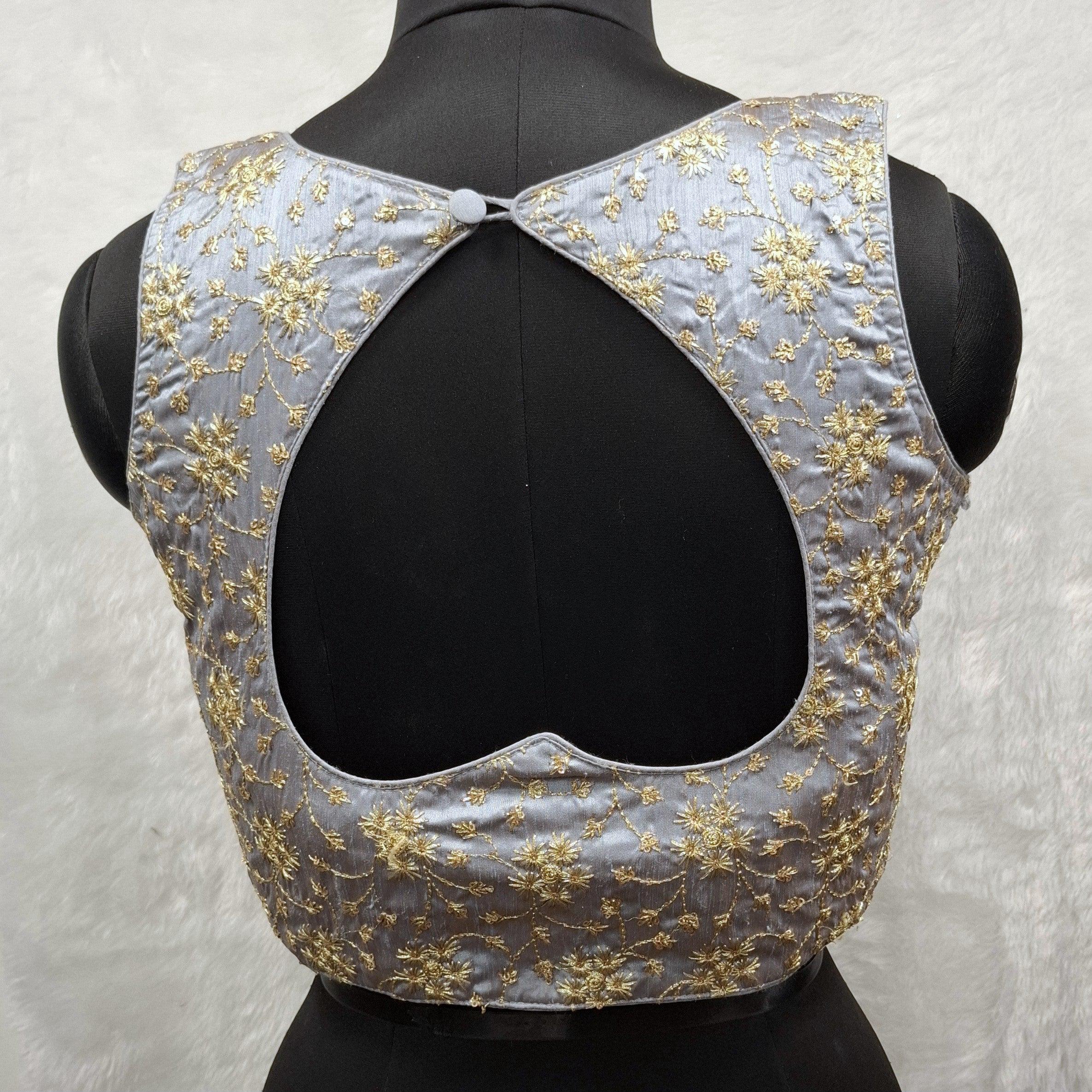 Kia Fashions Ash Grey Golden All Over Embroidered Readymade Blouse