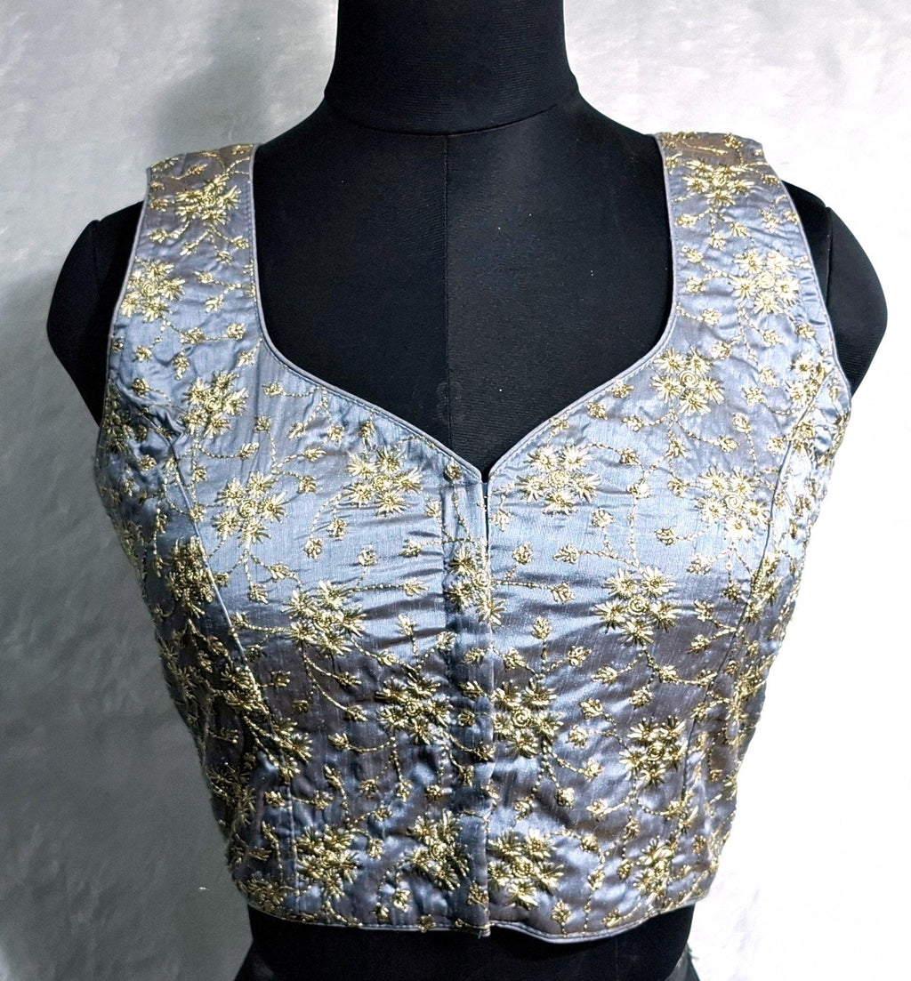 Kia Fashions Ash Grey Golden All Over Embroidered Readymade Blouse
