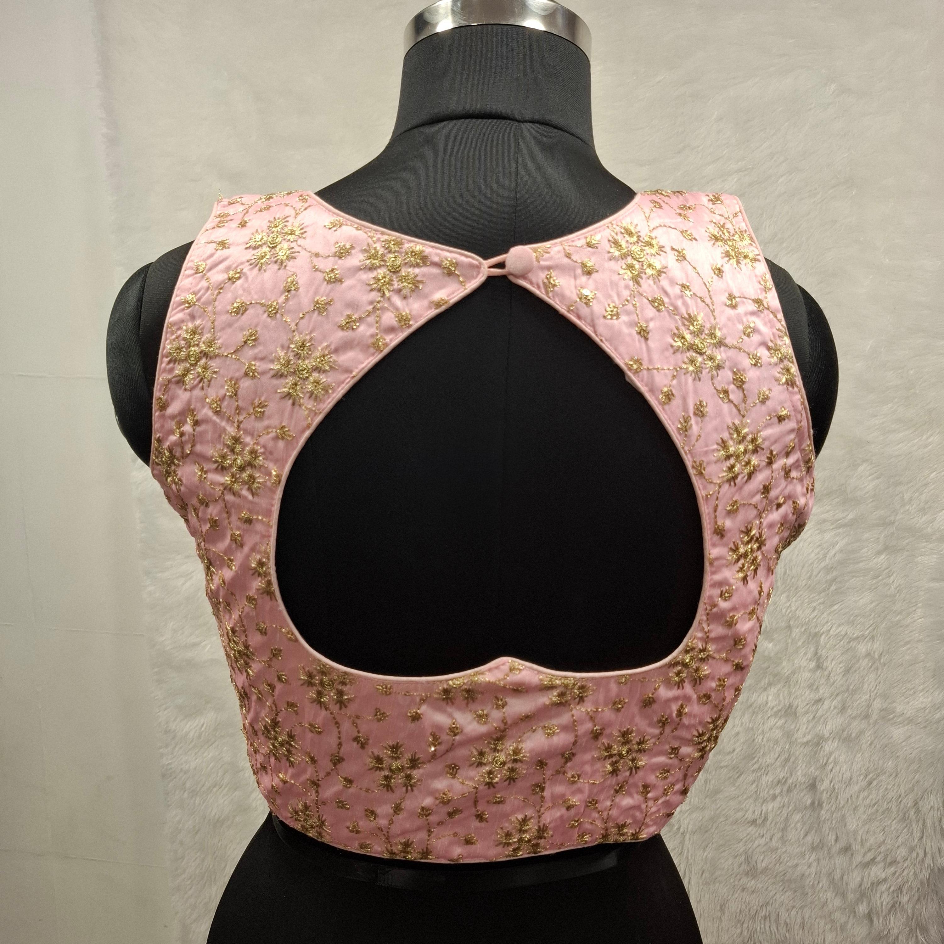 Kia Fashions Baby Pink Golden All Over Embroidered Readymade Blouse