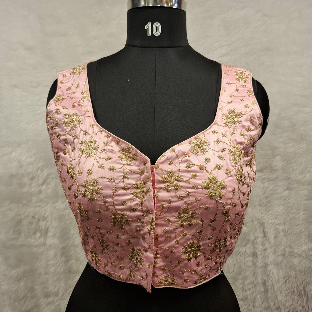 Kia Fashions Baby Pink Golden All Over Embroidered Readymade Blouse