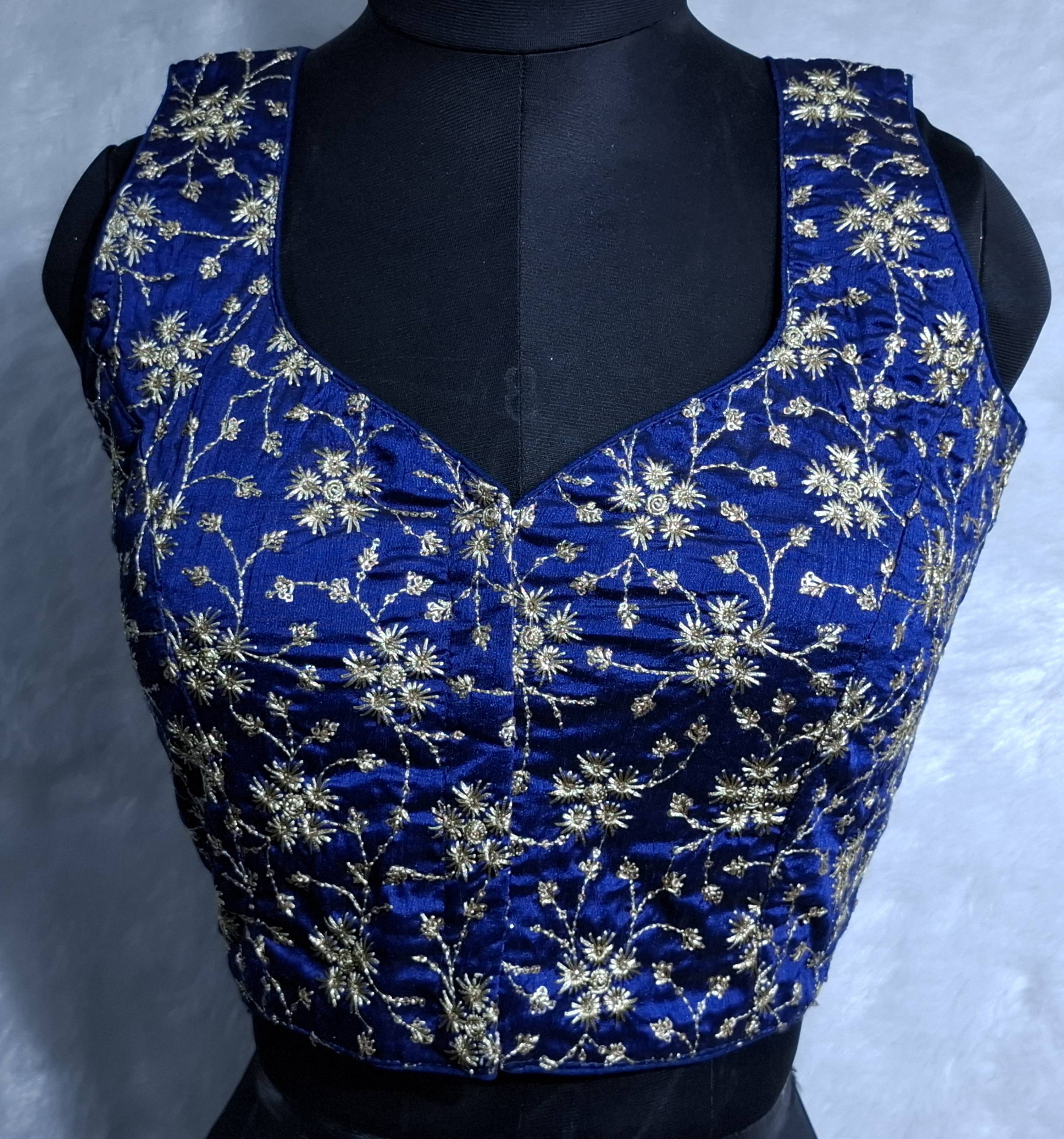 Kia Fashions Cobalt Blue Golden All Over Embroidered Readymade Blouse