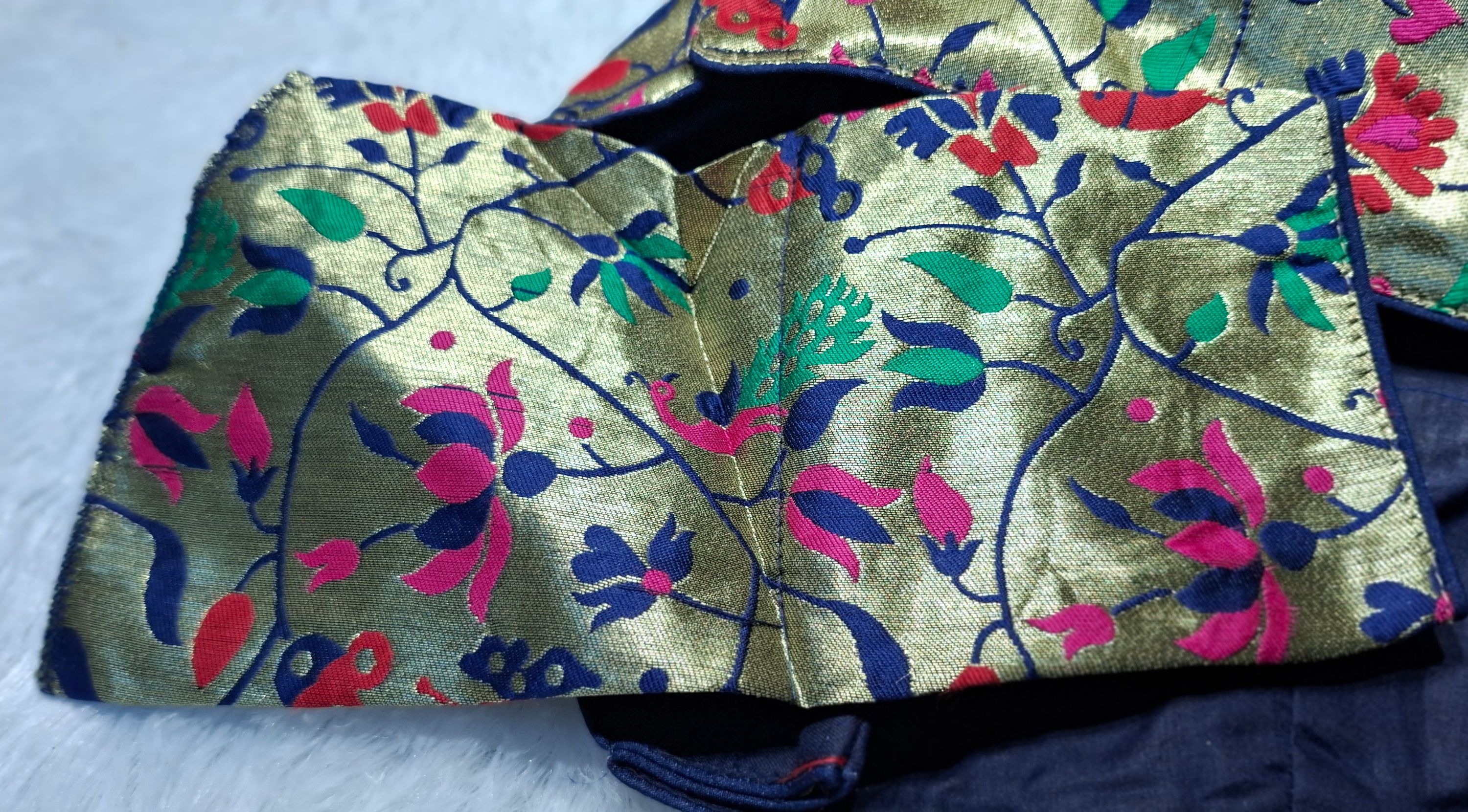 Kia Fashions Navy Blue Jacquard Weave Multi Color Paithani Readymade Blouse