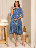 Janasya Blue Poly Georgette Floral Printed Casual Maternity Dress