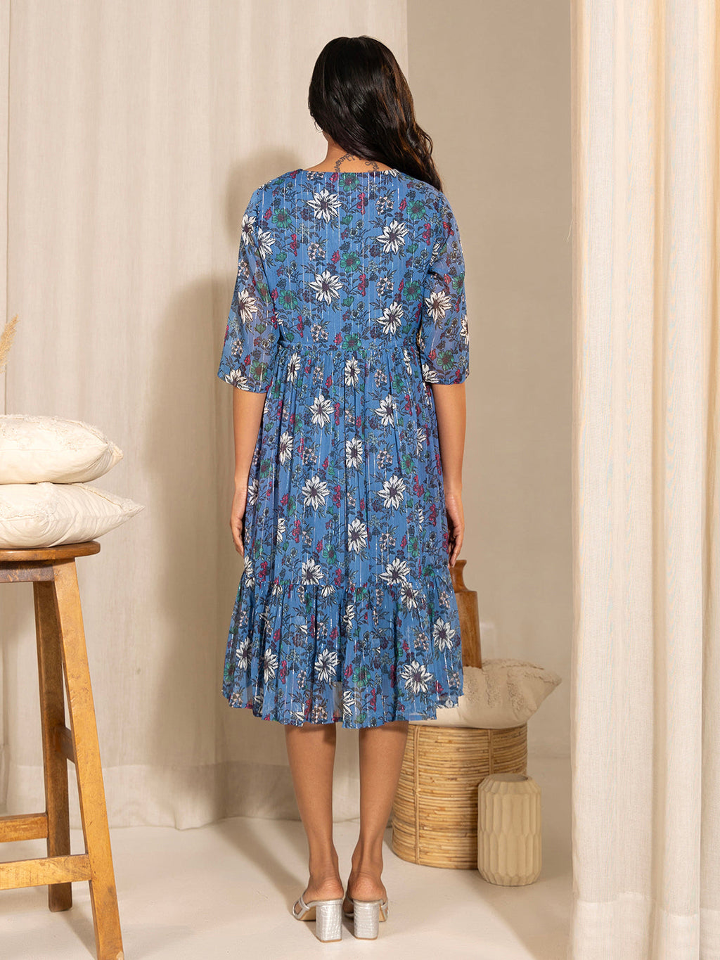 Janasya Blue Poly Georgette Floral Printed Casual Maternity Dress