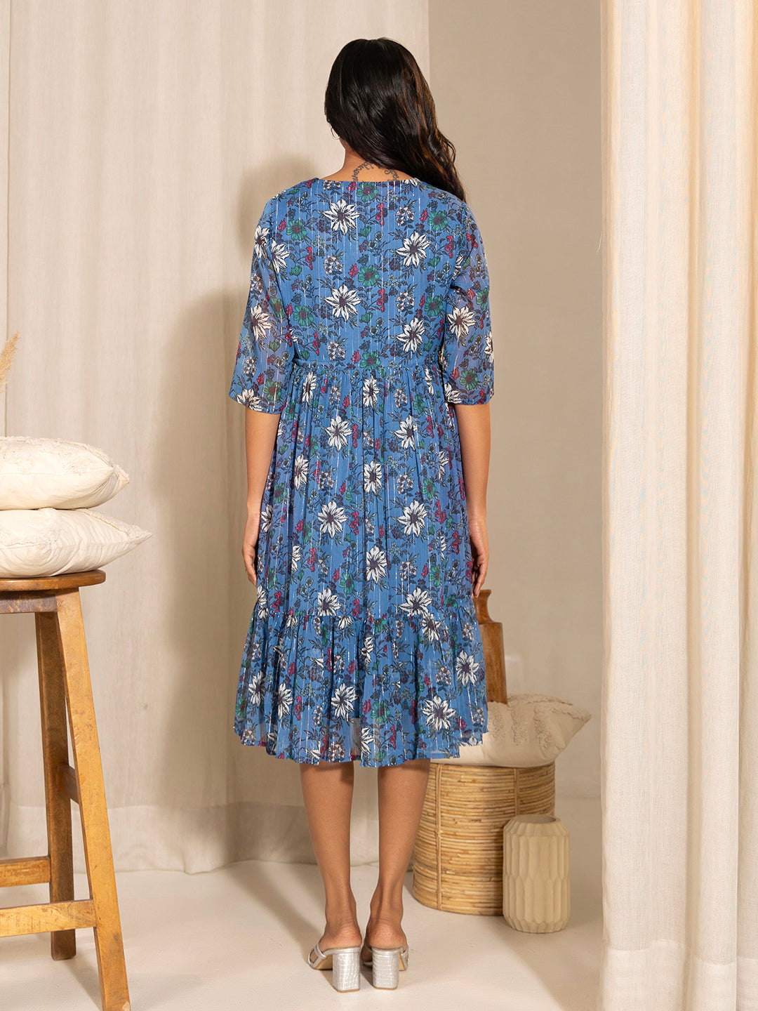 Janasya Blue Poly Georgette Floral Printed Casual Maternity Dress