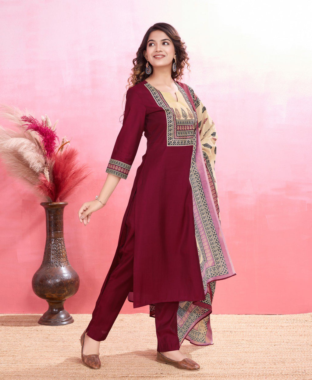 Prazu Fashion Maroon Viscose Silk Printed Kurta Set