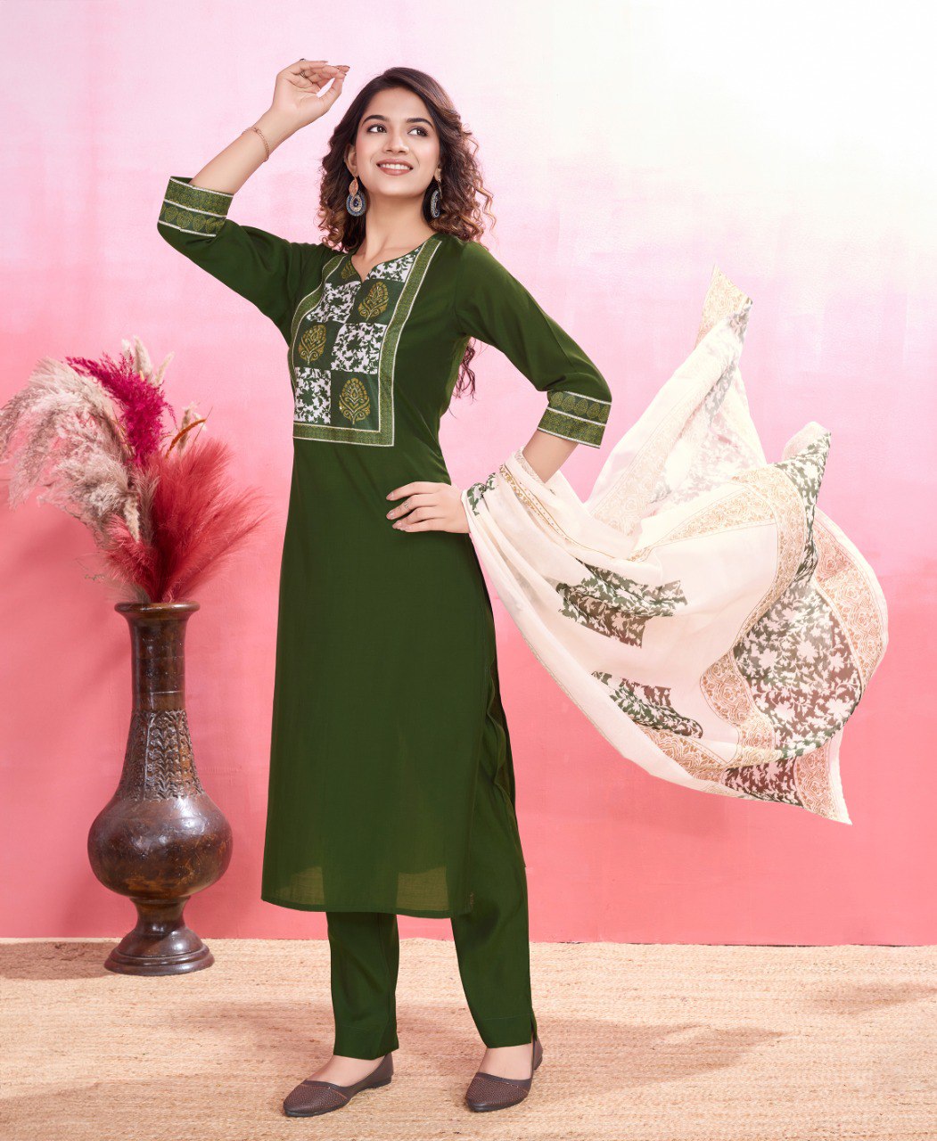 Prazu Fashion Mahendi Viscose Silk Printed Kurta Set