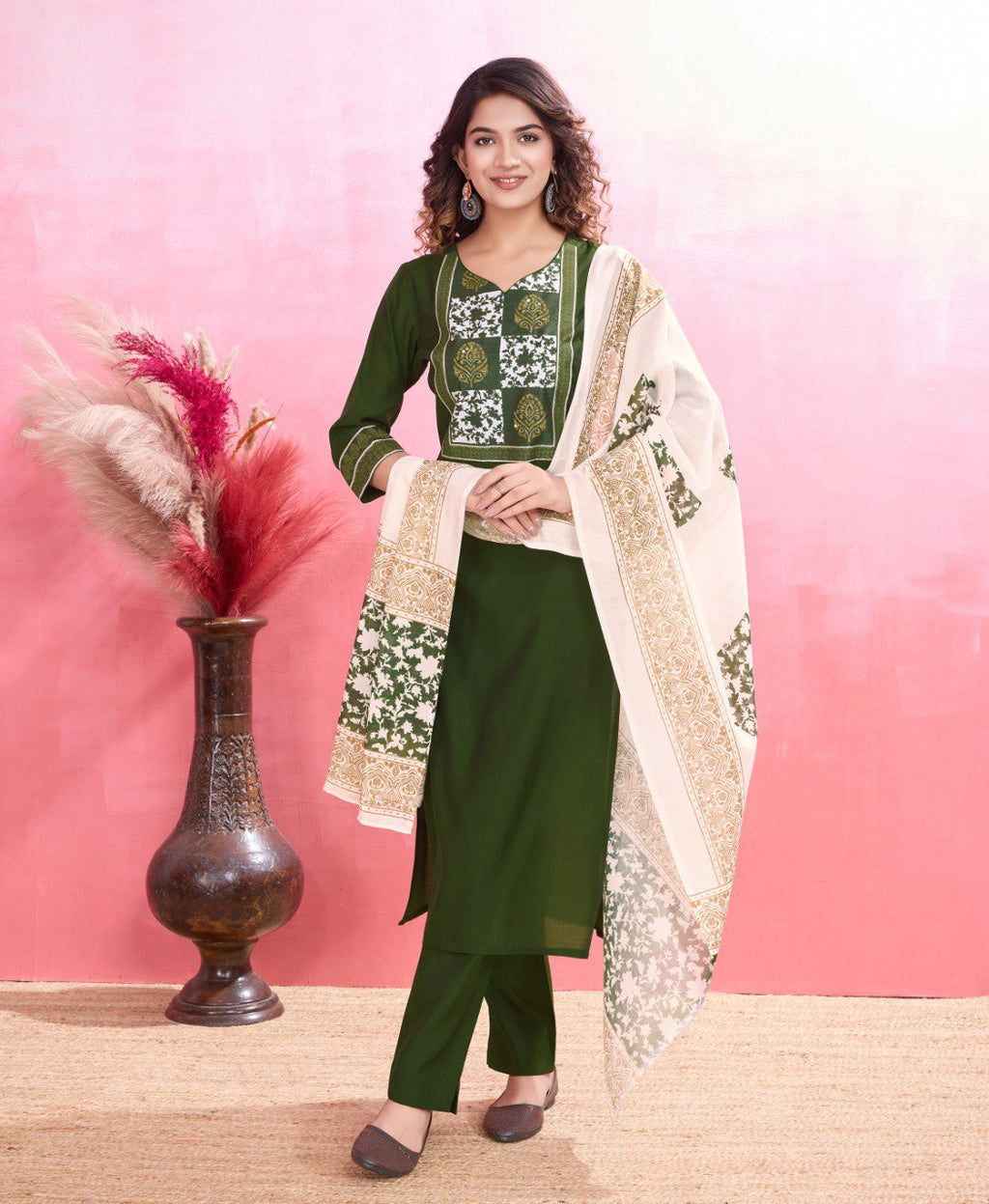 Prazu Fashion Mahendi Viscose Silk Printed Kurta Set