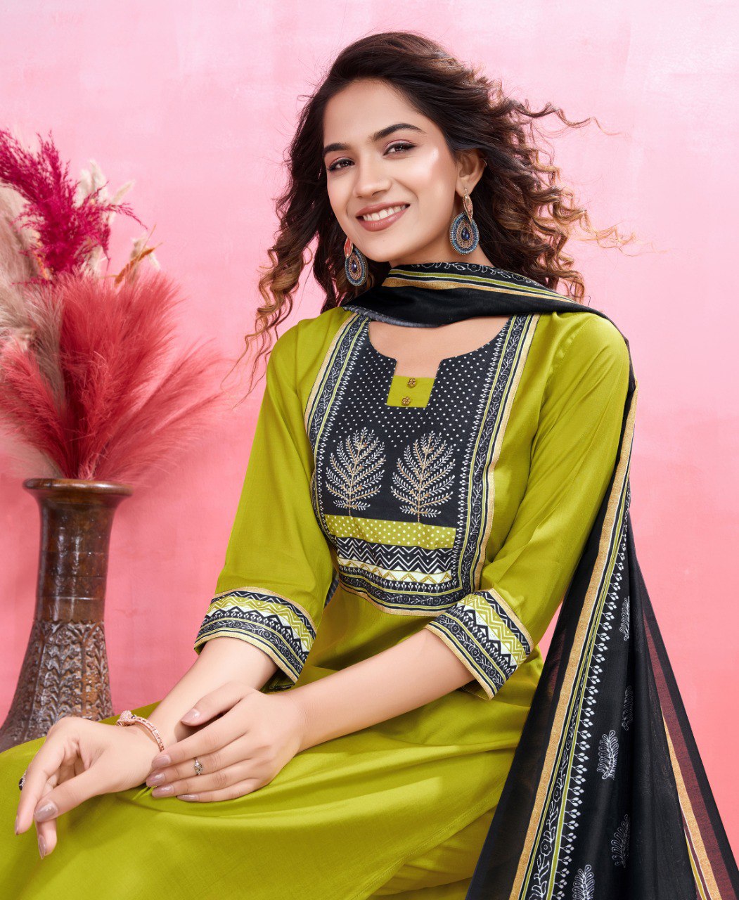 Prazu Fashion Parrot Green Viscose Silk Printed Kurta Set
