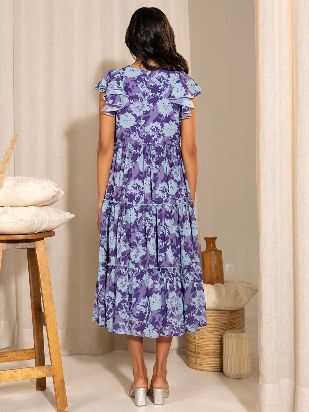 Janasya Blue Georgette Printed Casual Maternity Dress