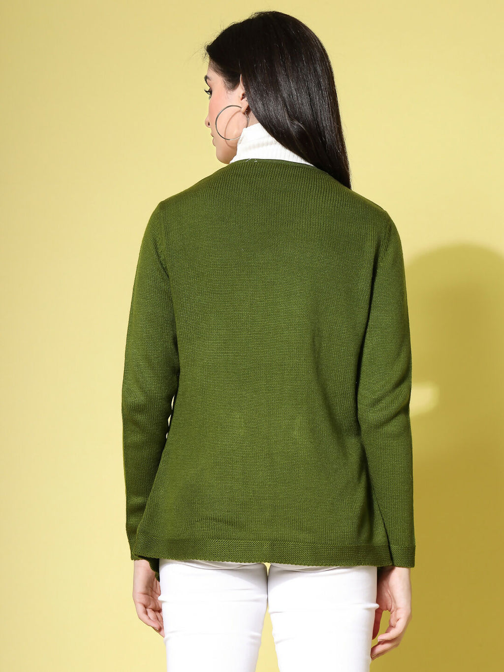 Women Olive Acrylic Solid Cardigan - Wool Trees