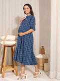 Janasya Blue Cotton Woven Design Casual Maternity Dress