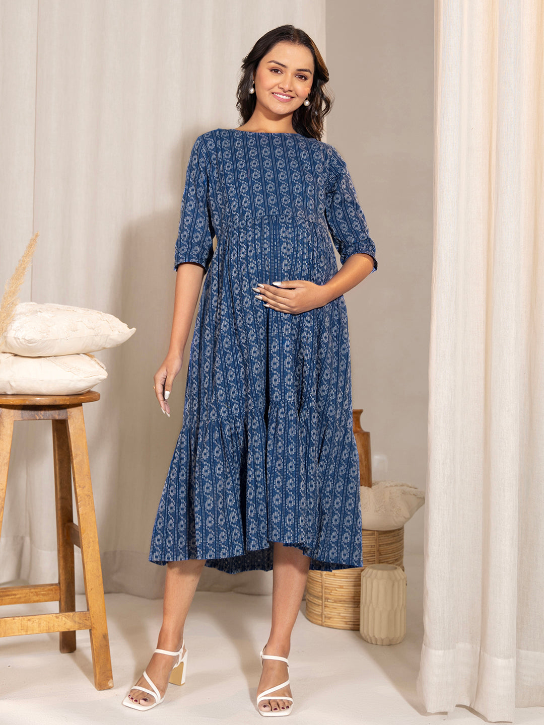 Janasya Blue Cotton Woven Design Casual Maternity Dress