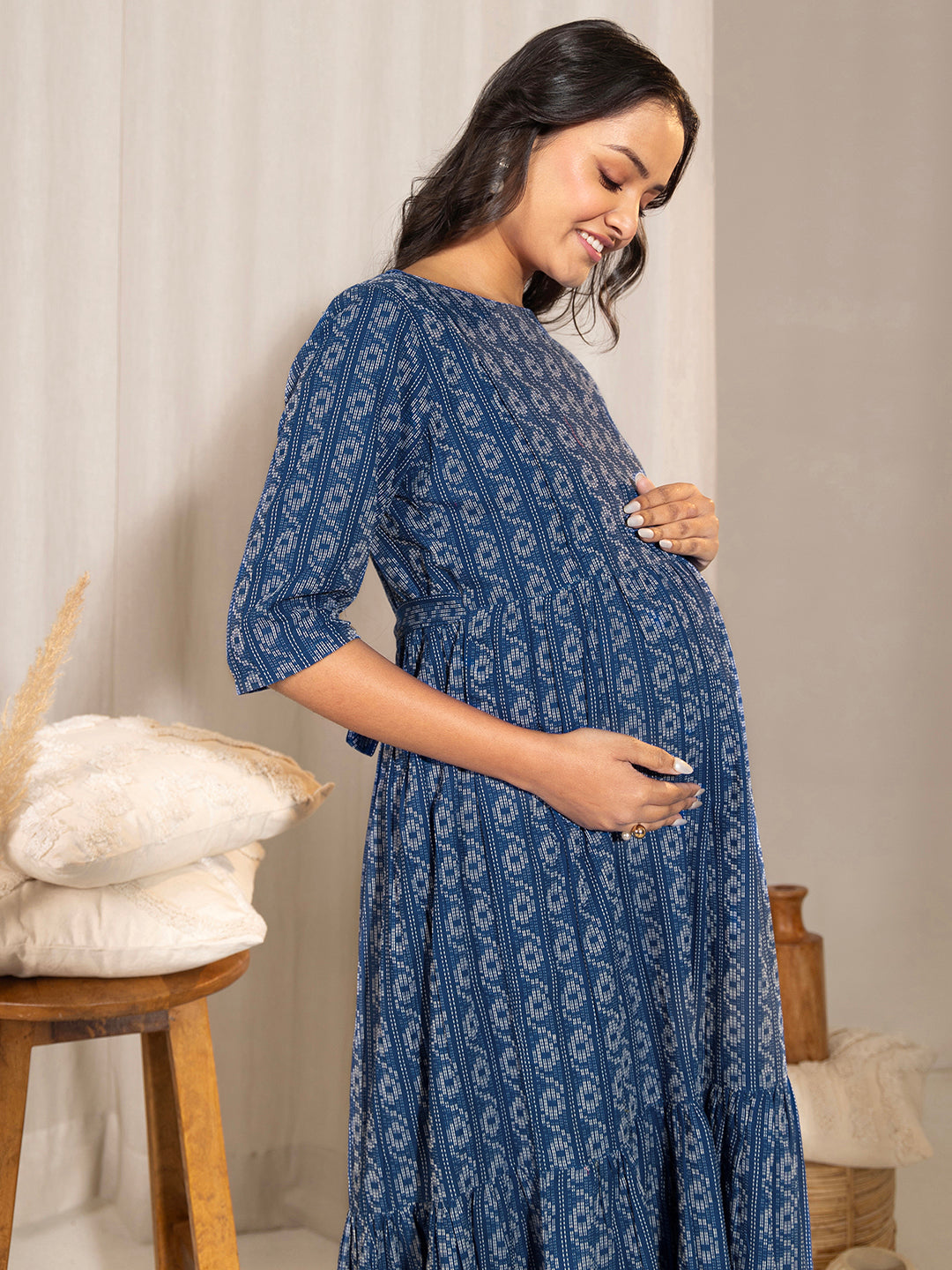 Janasya Blue Cotton Woven Design Casual Maternity Dress