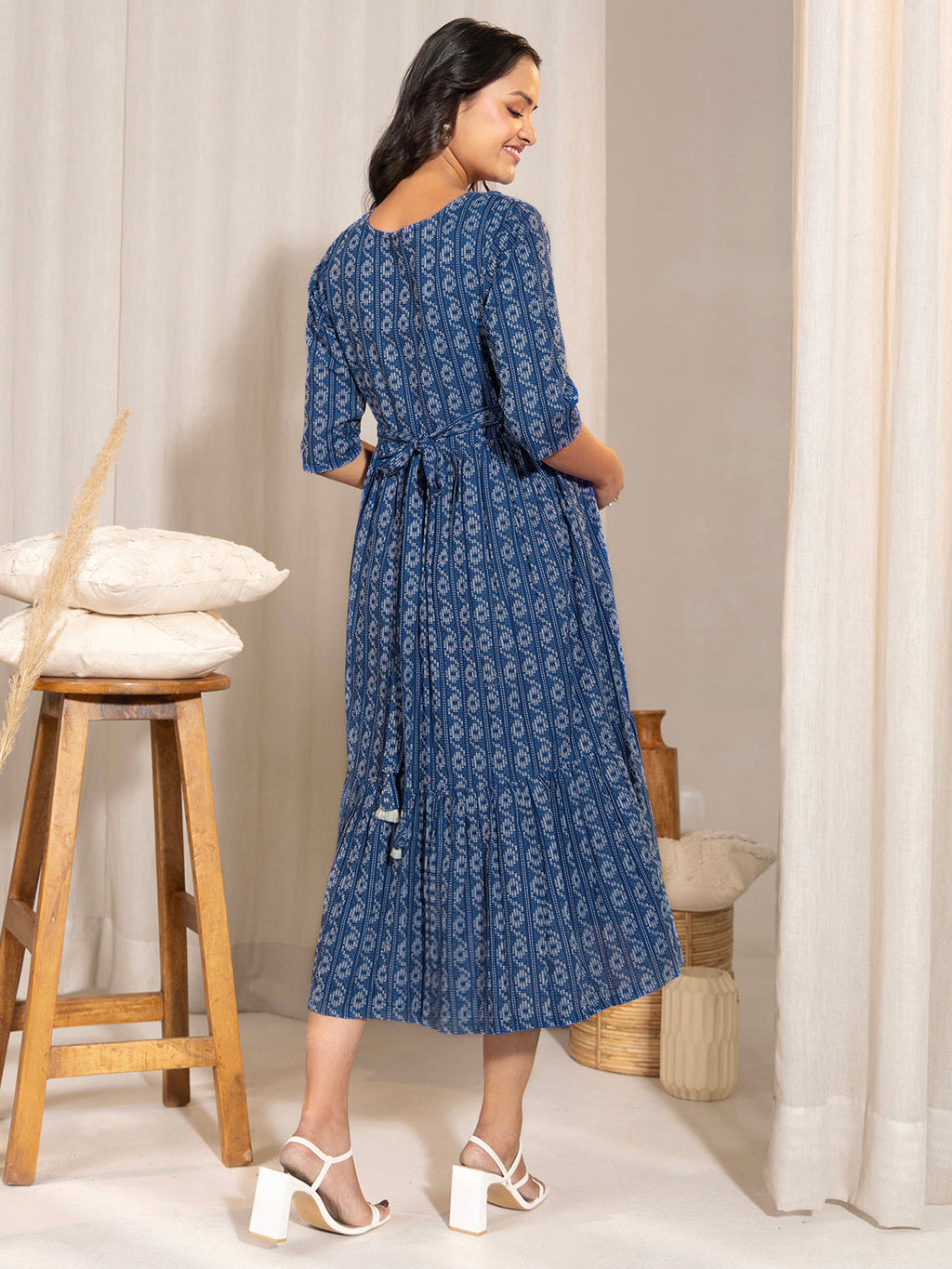 Janasya Blue Cotton Woven Design Casual Maternity Dress