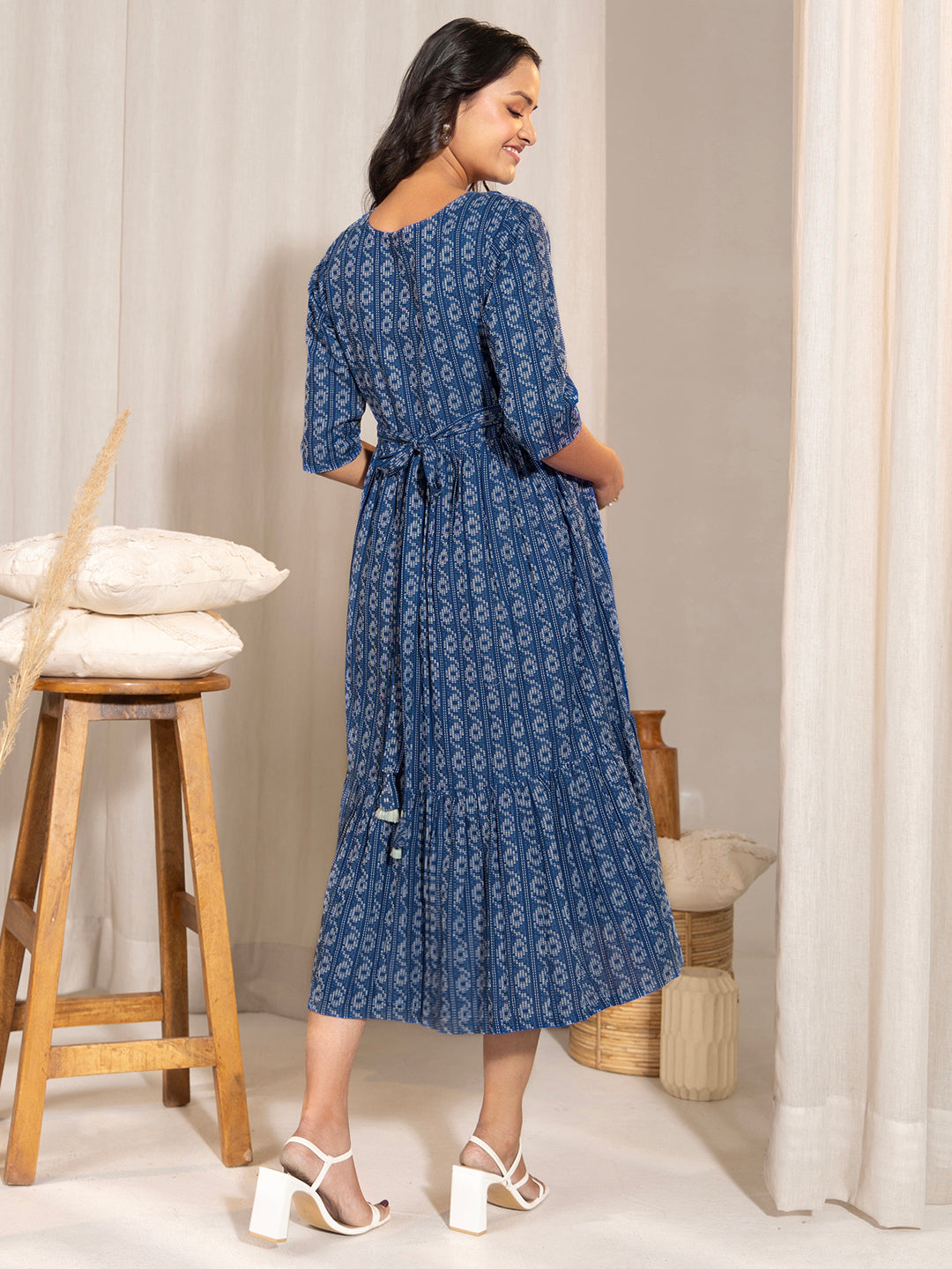 Janasya Blue Cotton Woven Design Casual Maternity Dress