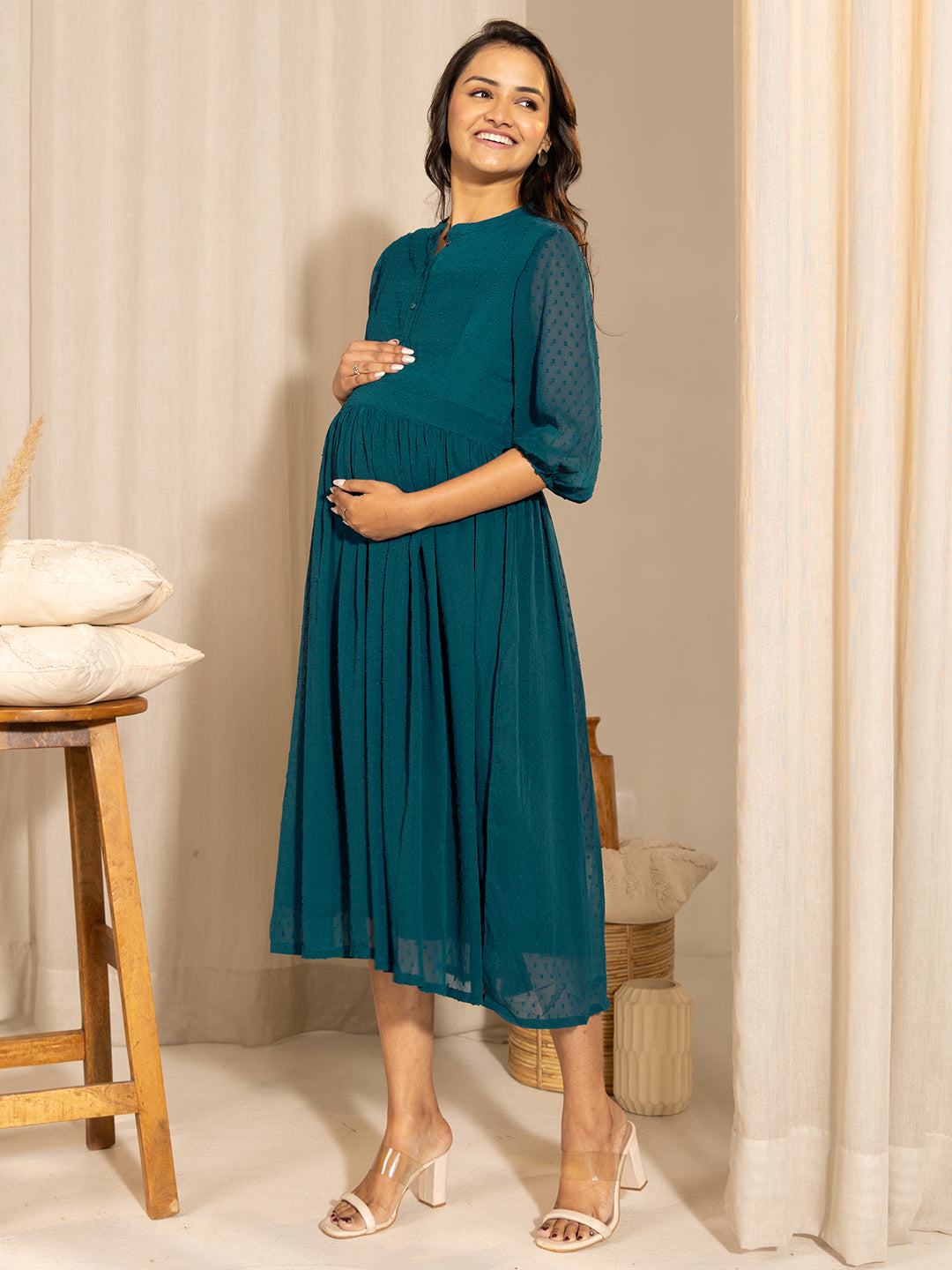 Janasya Teal Dobby Georgette Self Design Casual Maternity Kurta