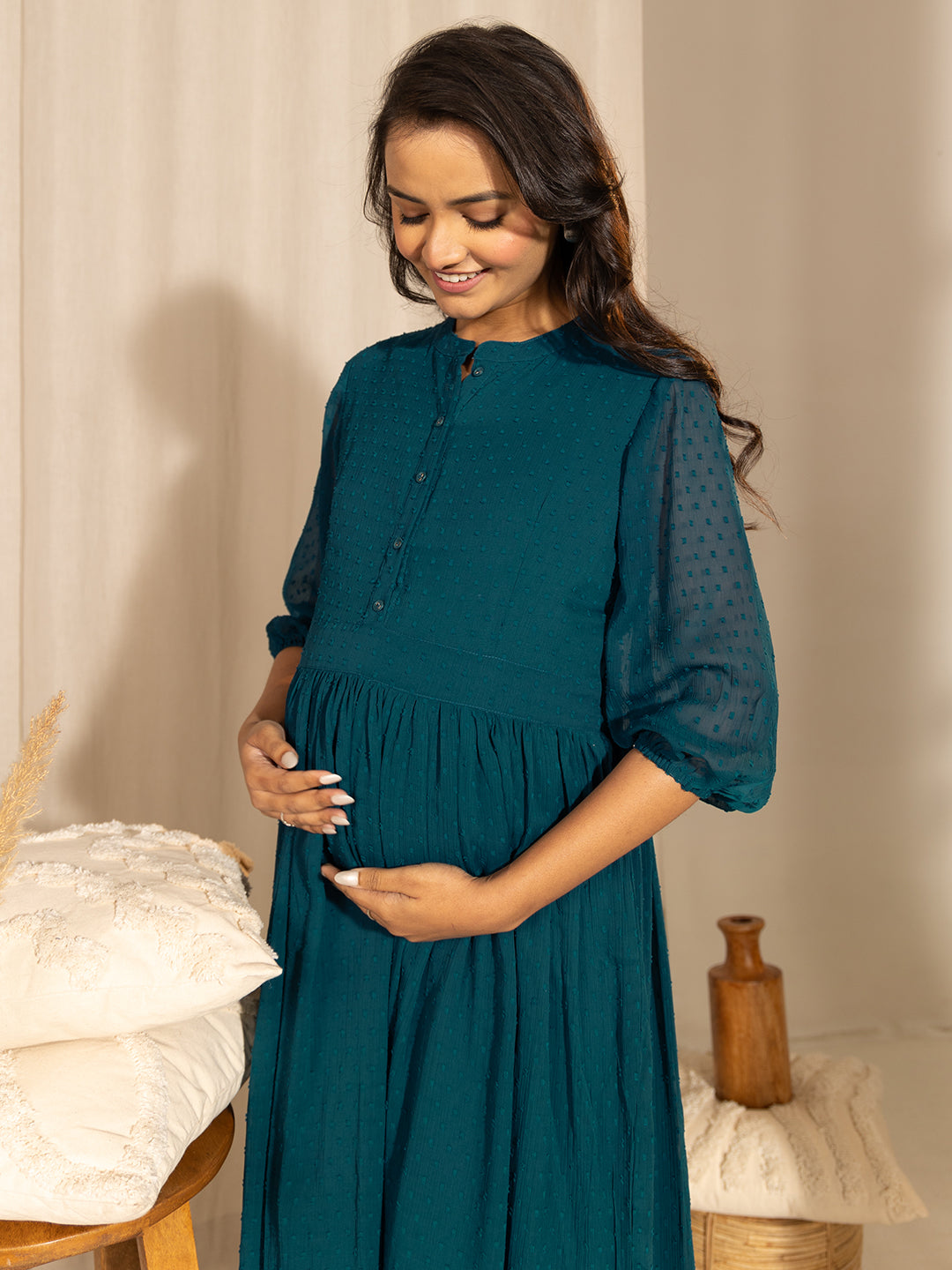 Janasya Teal Dobby Georgette Self Design Casual Maternity Kurta