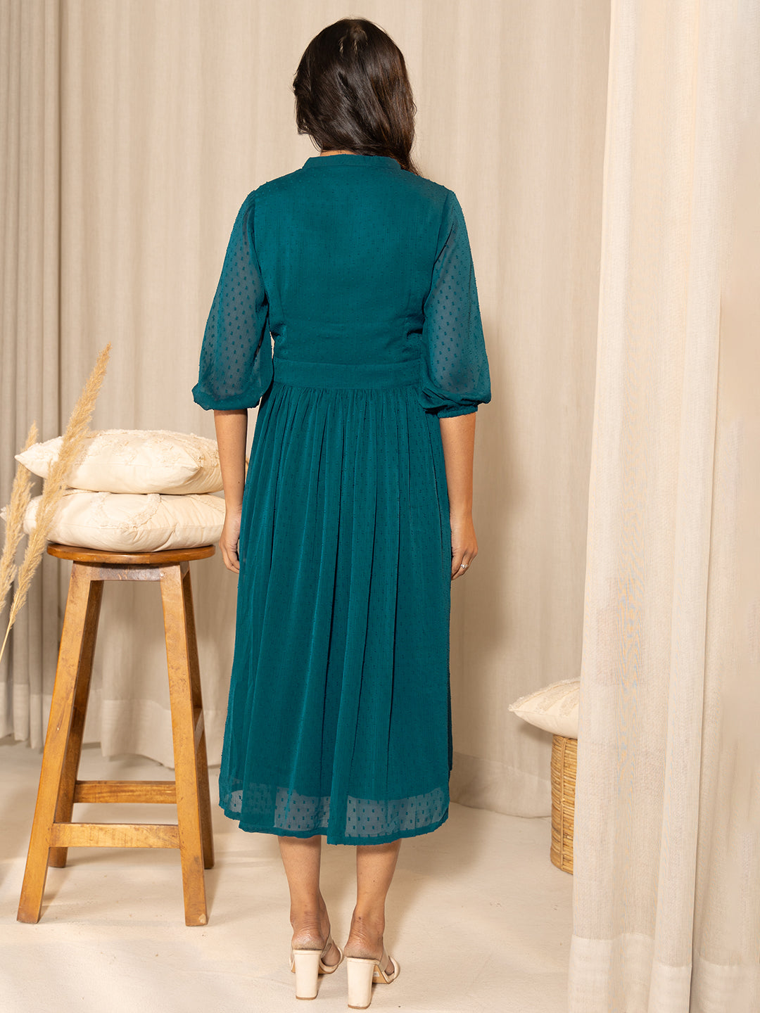 Janasya Teal Dobby Georgette Self Design Casual Maternity Kurta