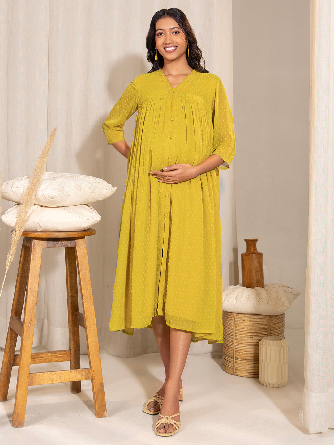 Janasya Yellow Dobby Georgette Self Design Casual Maternity Kurta