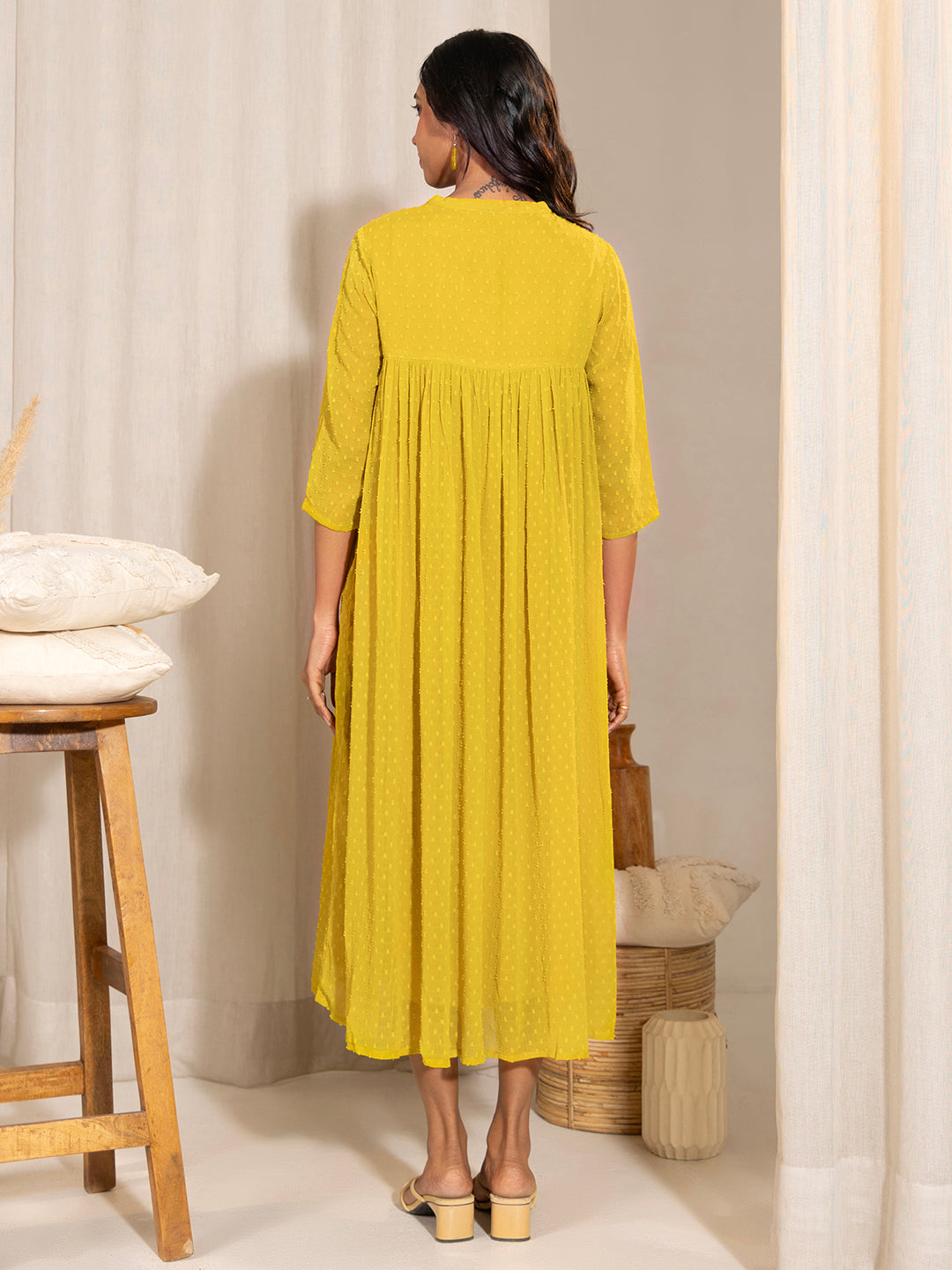 Janasya Yellow Dobby Georgette Self Design Casual Maternity Kurta