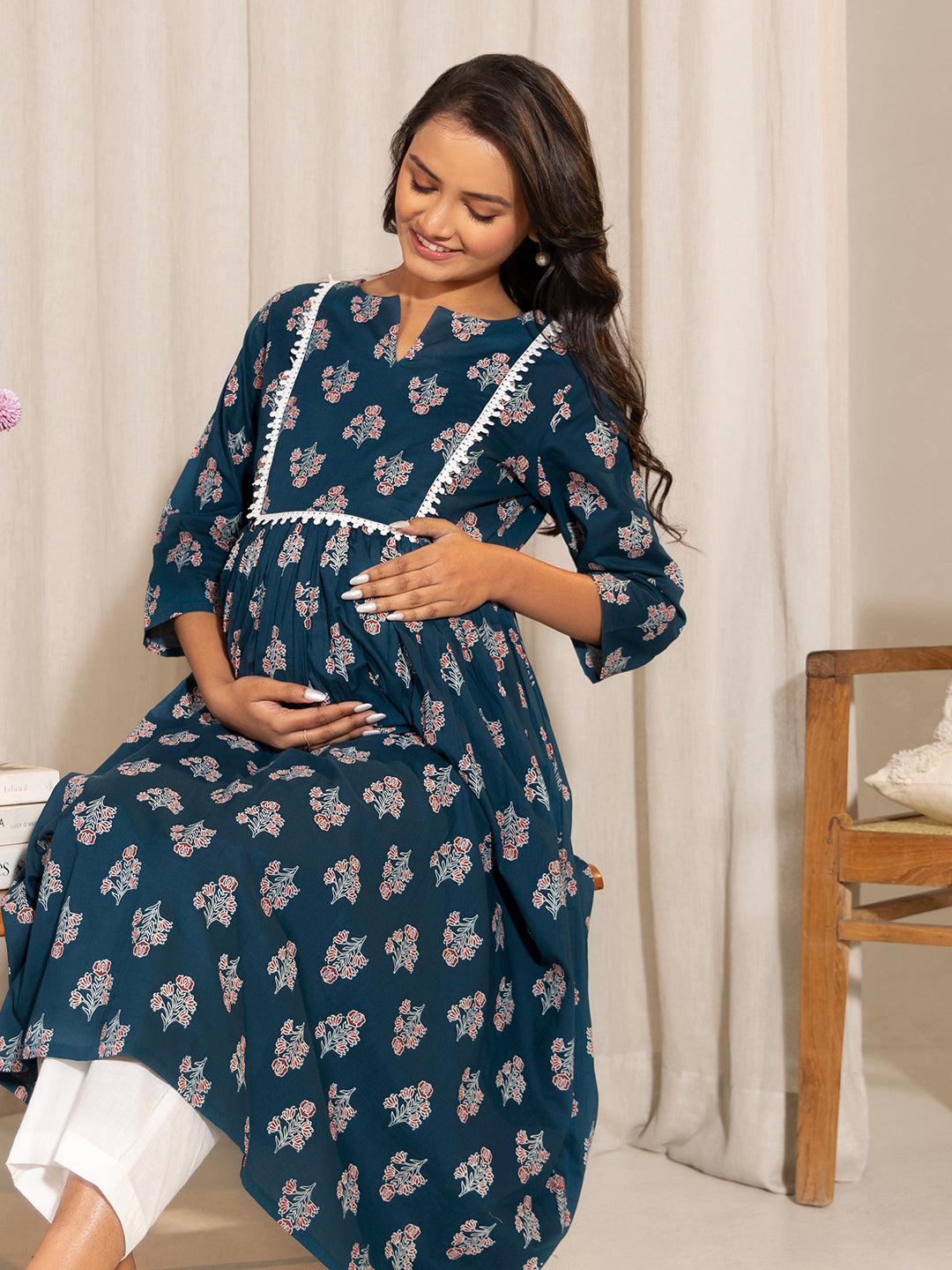 Janasya Teal Cotton Floral Fit & Flare Kurta