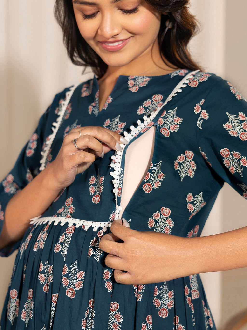 Janasya Teal Cotton Floral Fit & Flare Kurta