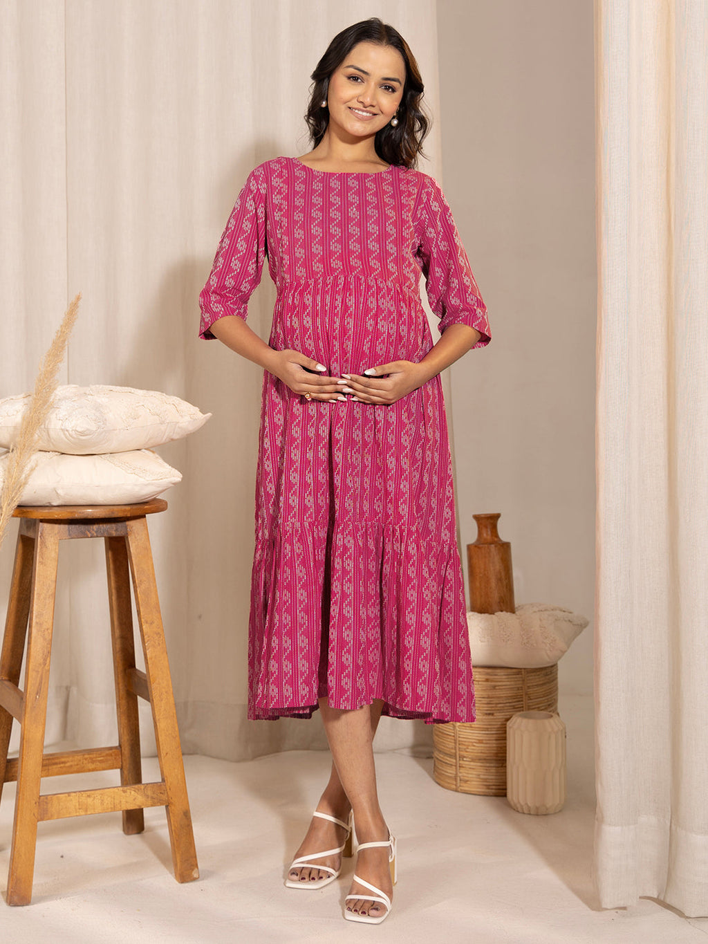 Janasya Pink Cotton Woven Design Casual Maternity Dress